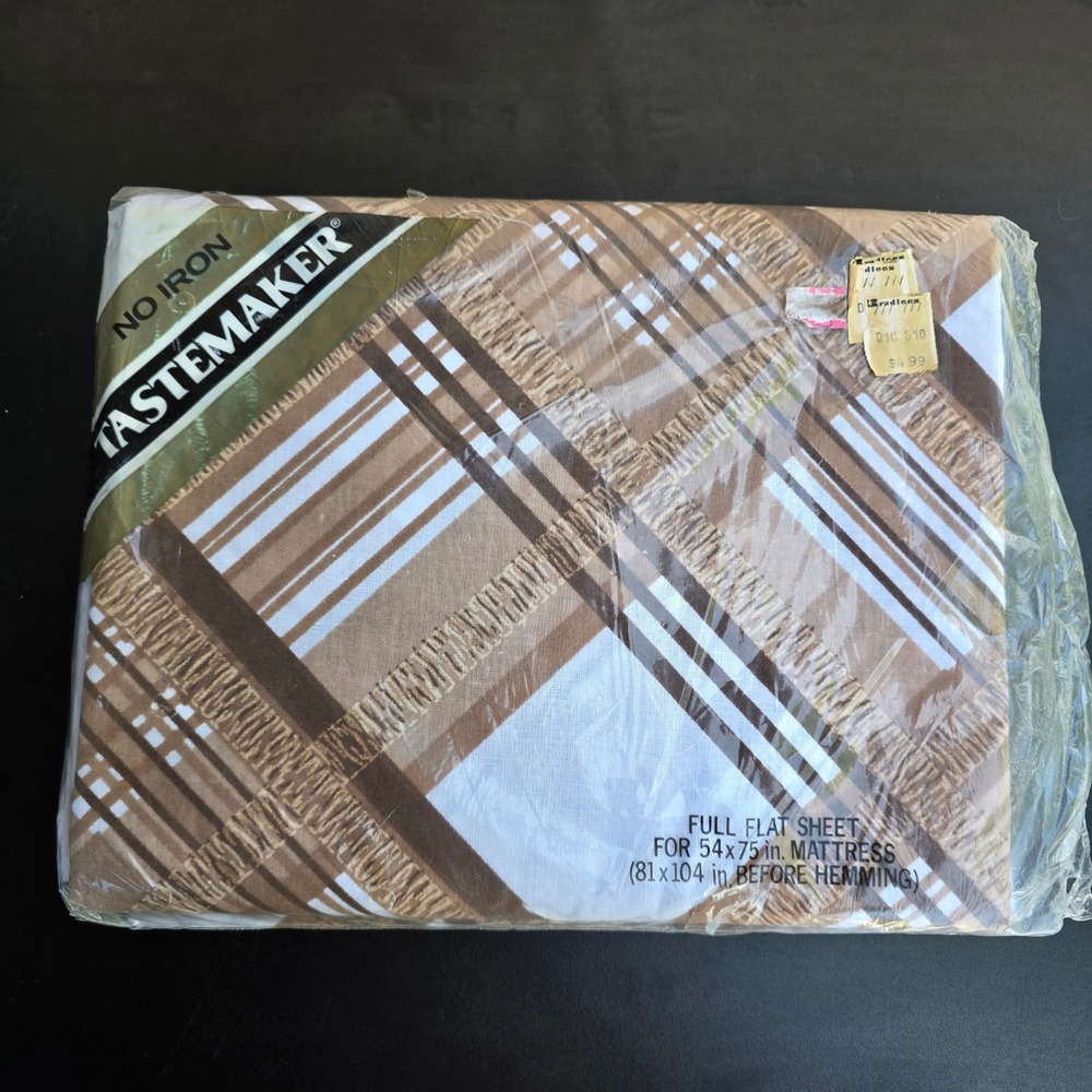 Vintage Tastemaker No Iron Full Flat Sheet Brown Tan White Plaid Made in USA NIP